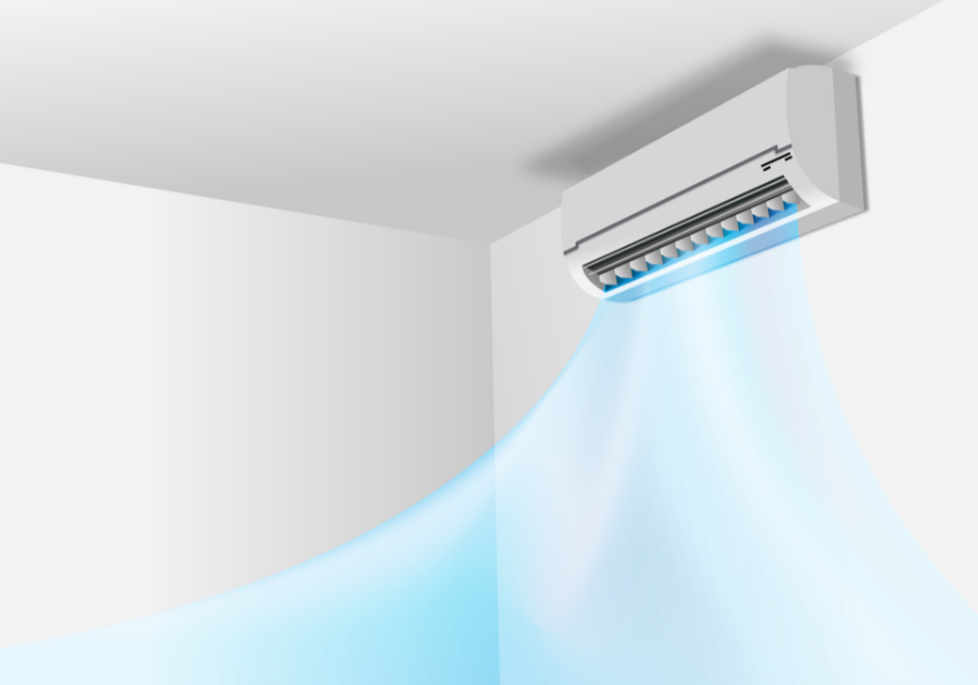 Wall mounted ductless mini split head delivering conditioned air into a room